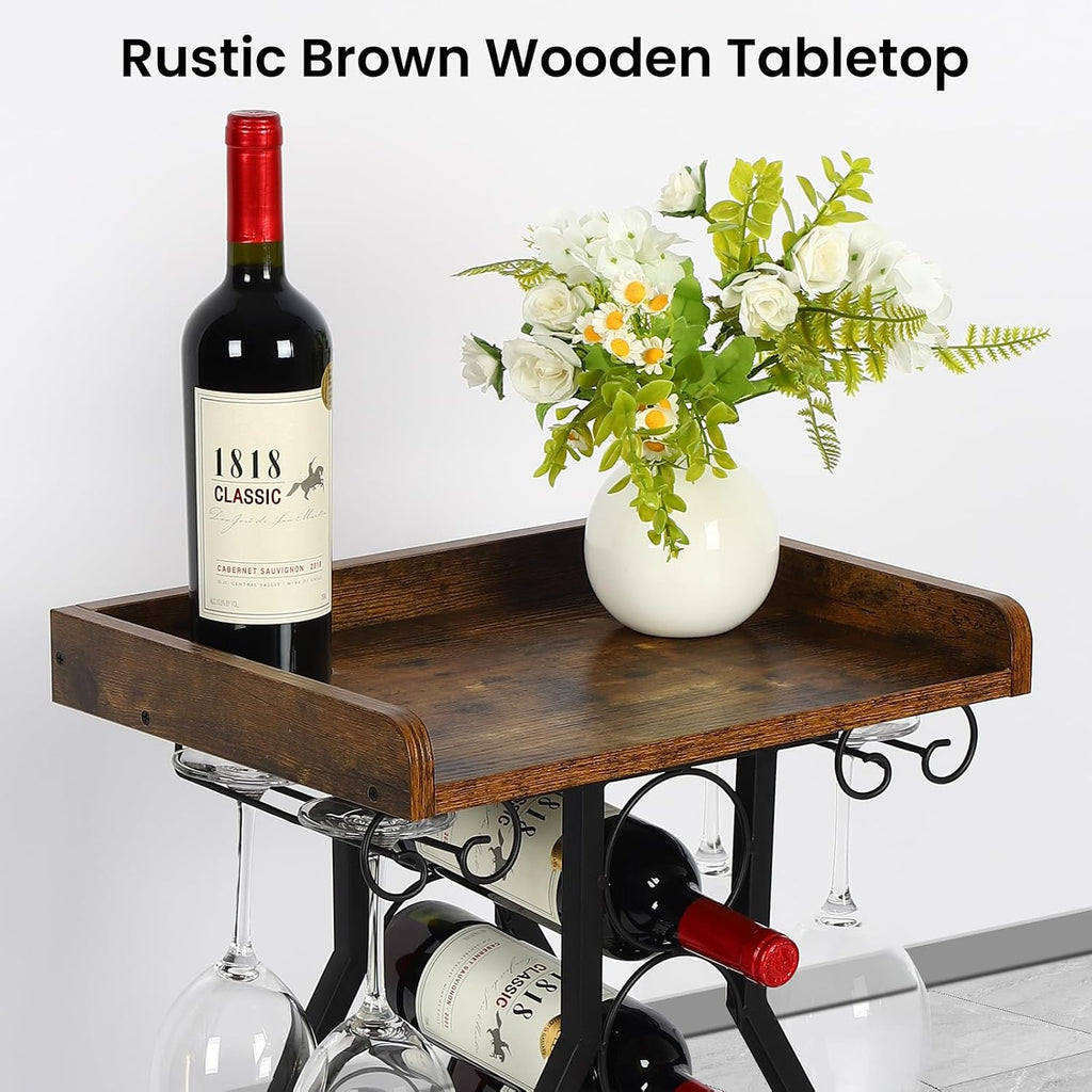 Wine Rack Freestanding Floor, Table Wine Holder Stand Mini Bar Table Floor Wine Storage For Home Bar Kitchen Living Room With Glass Holder Wood Tabletop 19 Bottles