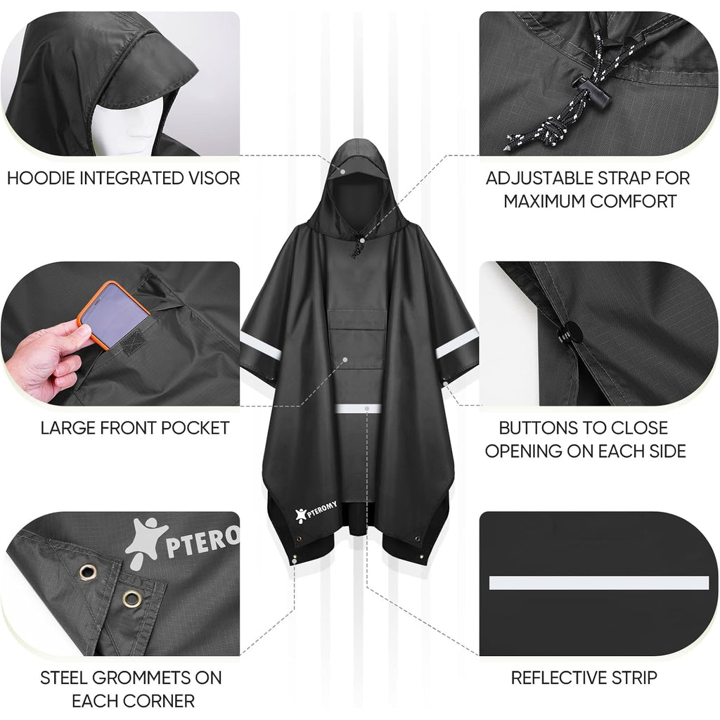 3-In-1 Hooded Rain Poncho For Adult With Pocket, Waterproof Lightweight Unisex Raincoat For Hiking Camping Emergency