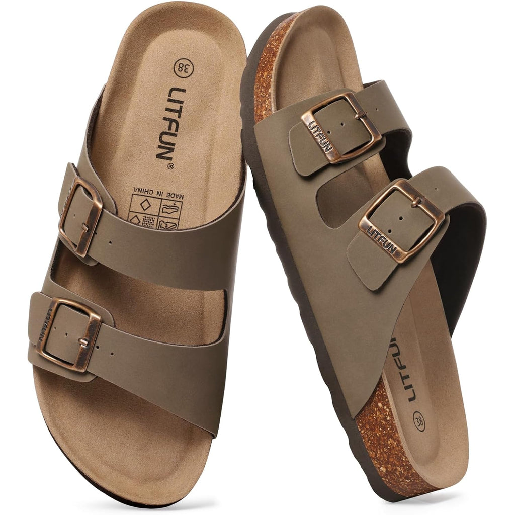 Litfun Unisex Cork Footbed Sandal Summer Slip On Slide Sandals With Adjustable Buckle For Women Men