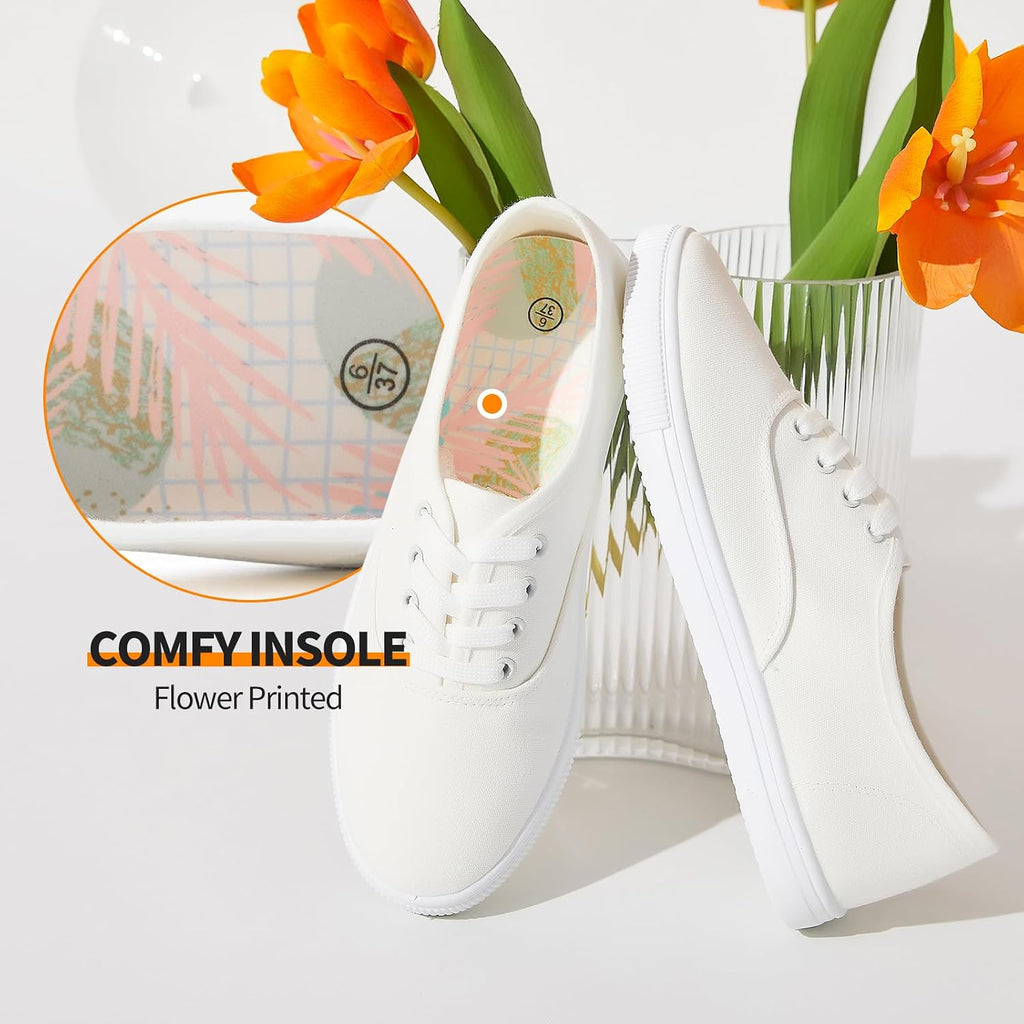 Womens Classic White Sneakers,Low Top White Canvas Shoes,Lightweight Casual Canvas Sneakers