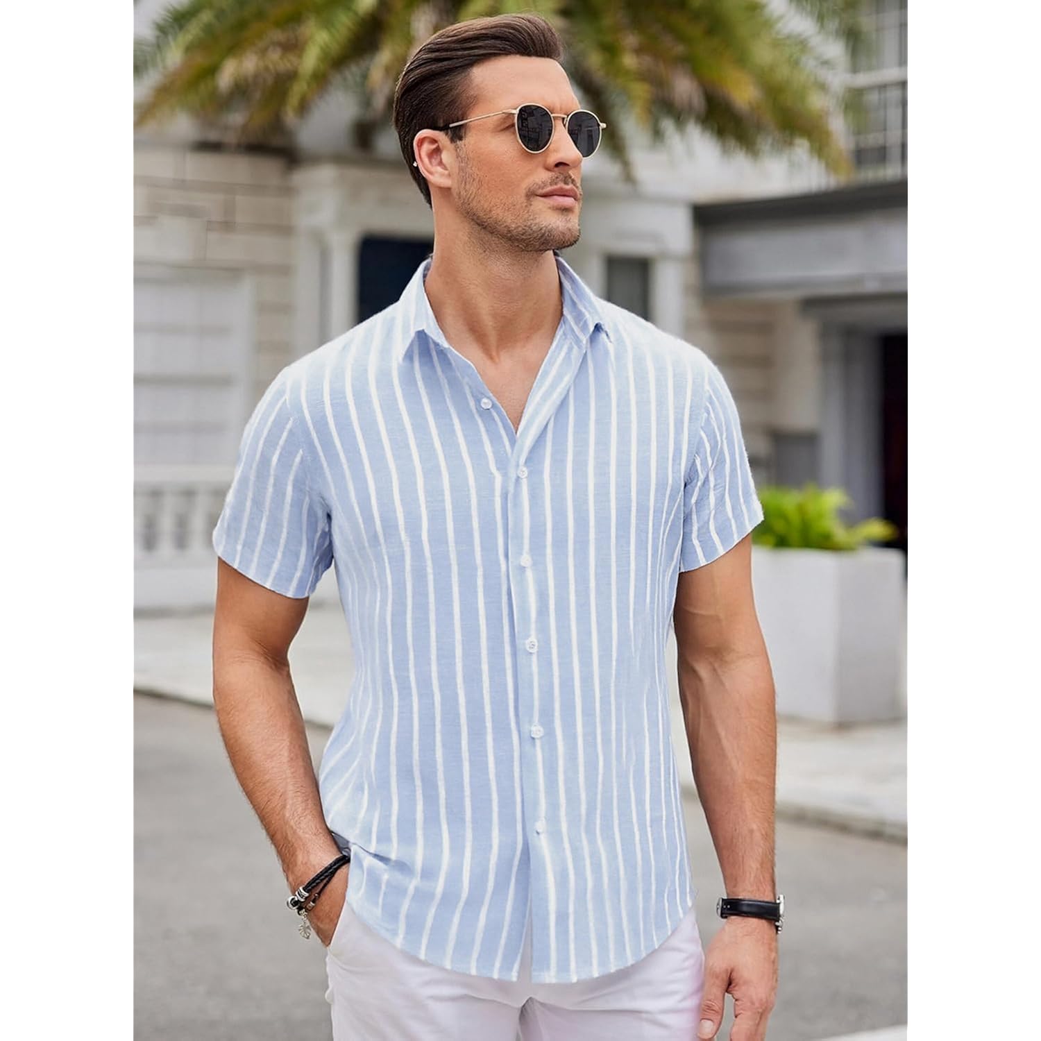 Damipow Mens Linen Shirts Short Sleeve Cotton Striped Casual Button Down Shirt Beach Vacation Summer Shirts