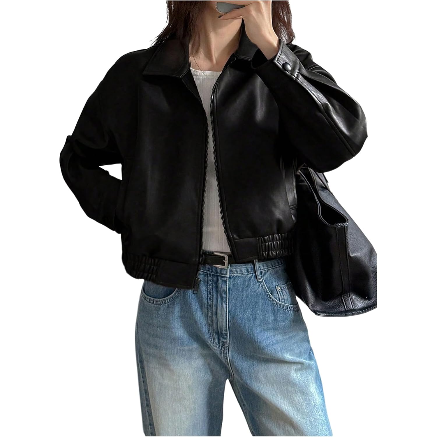 Milumia Women'S Faux Leather Zip Up Jacket Vintage Collared Long Sleeve Motorcycle Jackets