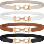 WERFORU 4 Pack Women Skinny Elastic Waist Belt Gold Buckle Stretchy Thin Belt for Jeans Dress