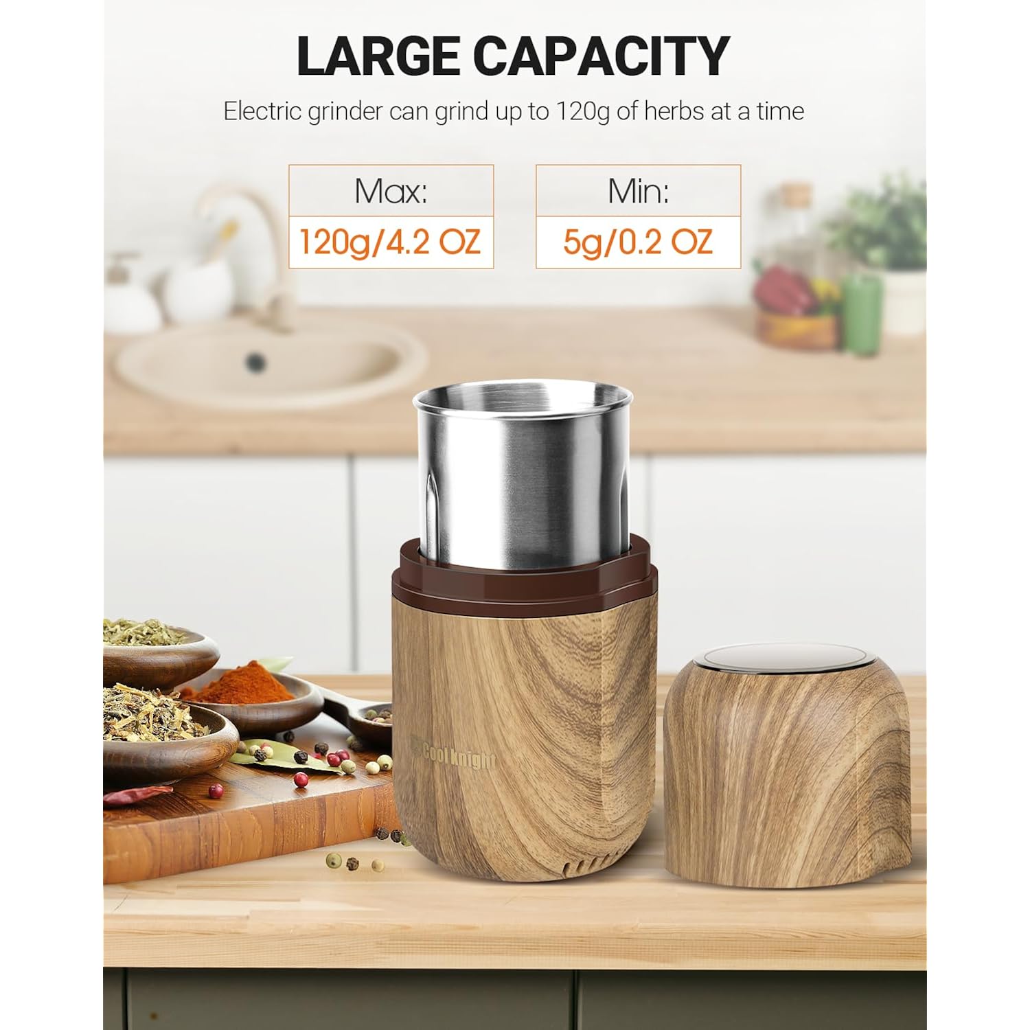 Cool Knight Electric Herb Grinder [Large Capacity/High Rotating Speed]-Electric Grinder For Spices And Herbs (Wood Grain 2)
