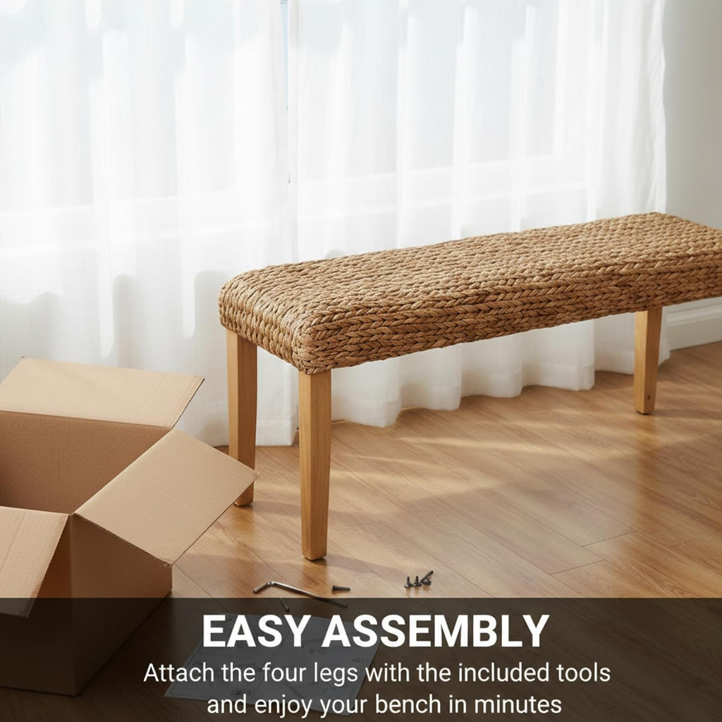 Solid Wood Acacia Indoor Bench, 47 Inch, Fishbone, Water Hyacinth | Natural Woven Seat, Living Room Or Entryway, Bedroom End Of Bed Or Dining, Window Bench