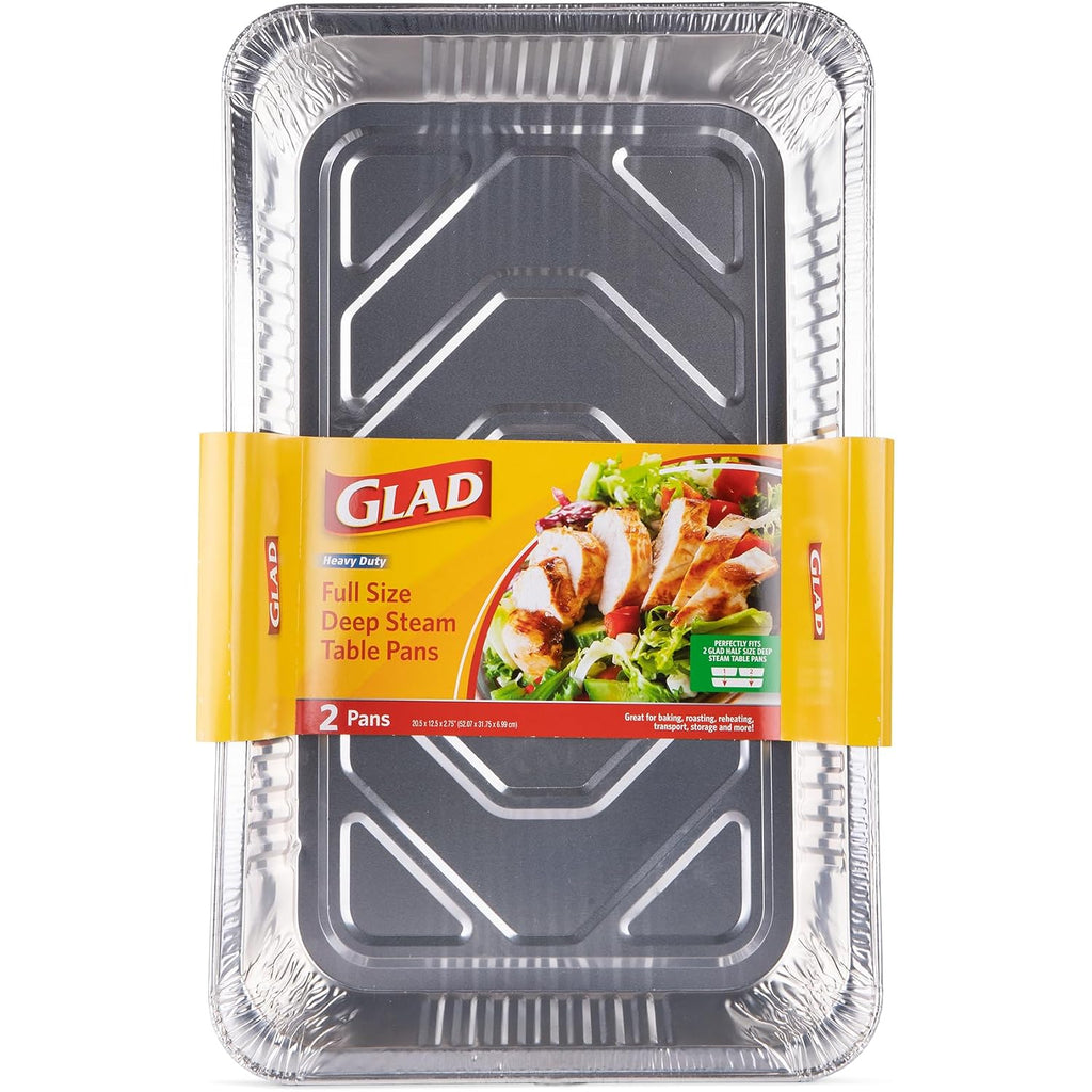 Glad Disposable Full Size Aluminum Steam Pans, Deep Heavy Duty Foil Pans For Steaming, Baking, Roasting, Catering & Oven Reheating, Fits 2 Half Pans, 20.5 X 12.5 X 2.75 Inch, 2 Count