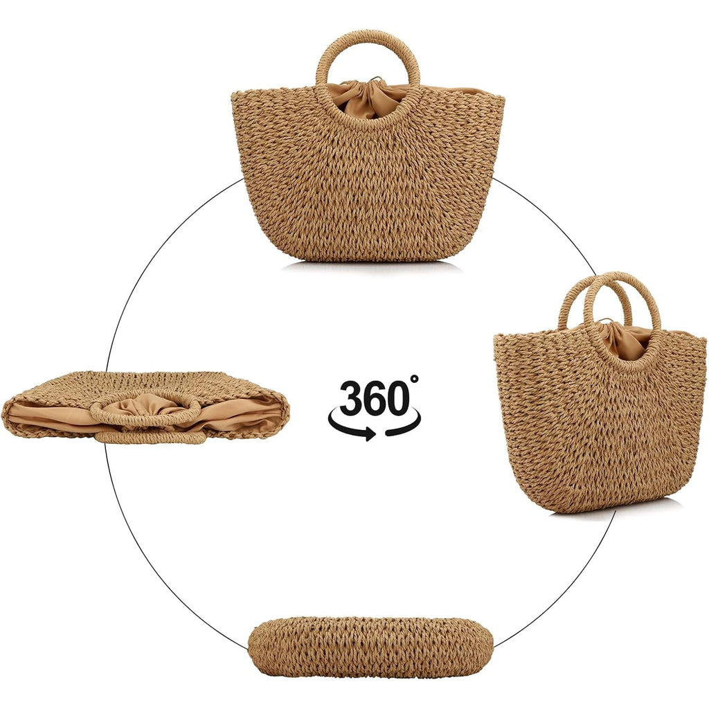 Women Summer Beach Bag, Straw Handbag Top Handle Big Capacity Travel Tote Purse Hand Woven Straw Large Hobo Bag