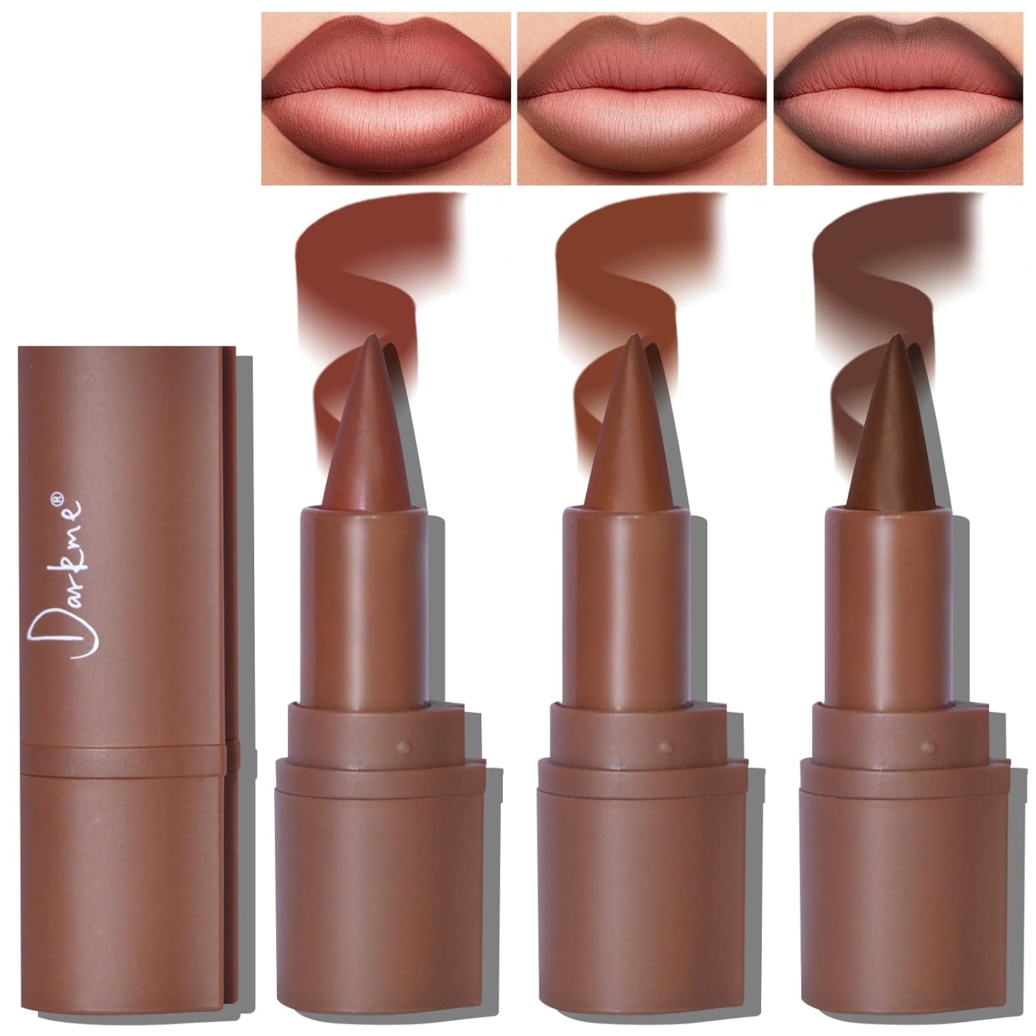 HOSAILY 3 Colors 2 in 1 Lip Liner Set, Matte Nude Dark Brown Red Lip Liner Lipstick Plumping Smooth Creamy Lip Combo, High Pigmented Long lasting Light Brown Ombre Lips Stain Pencil Effect Makeup