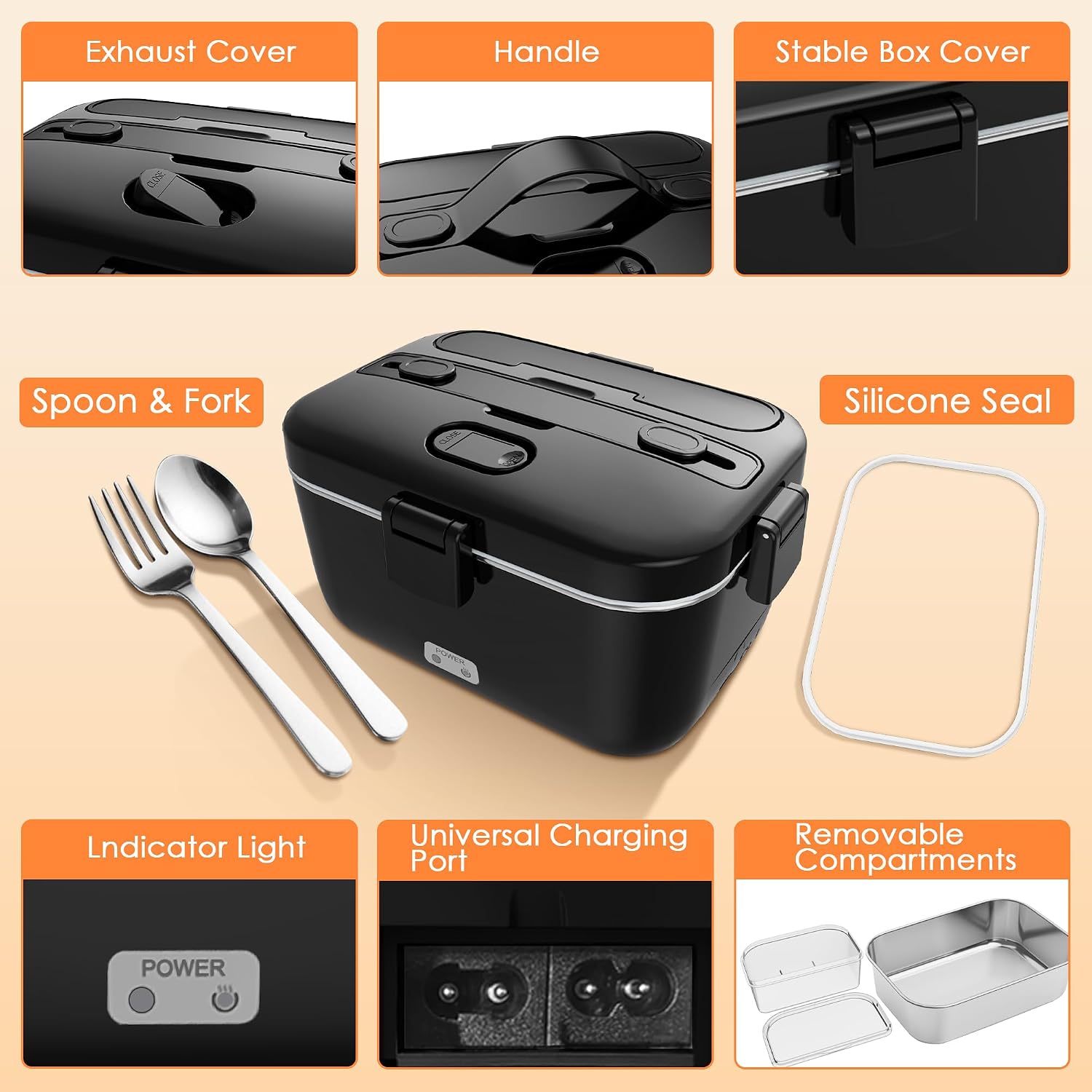 Electric-Lunch-Box-Heated-Food-Warmer 100W Heating Lunchbox For Adults 1.8L Portable Food Heater For Work/Car, 12V/24V/110-230V Lonchera Eléctrica Portátil With Fork Spoon (Black)