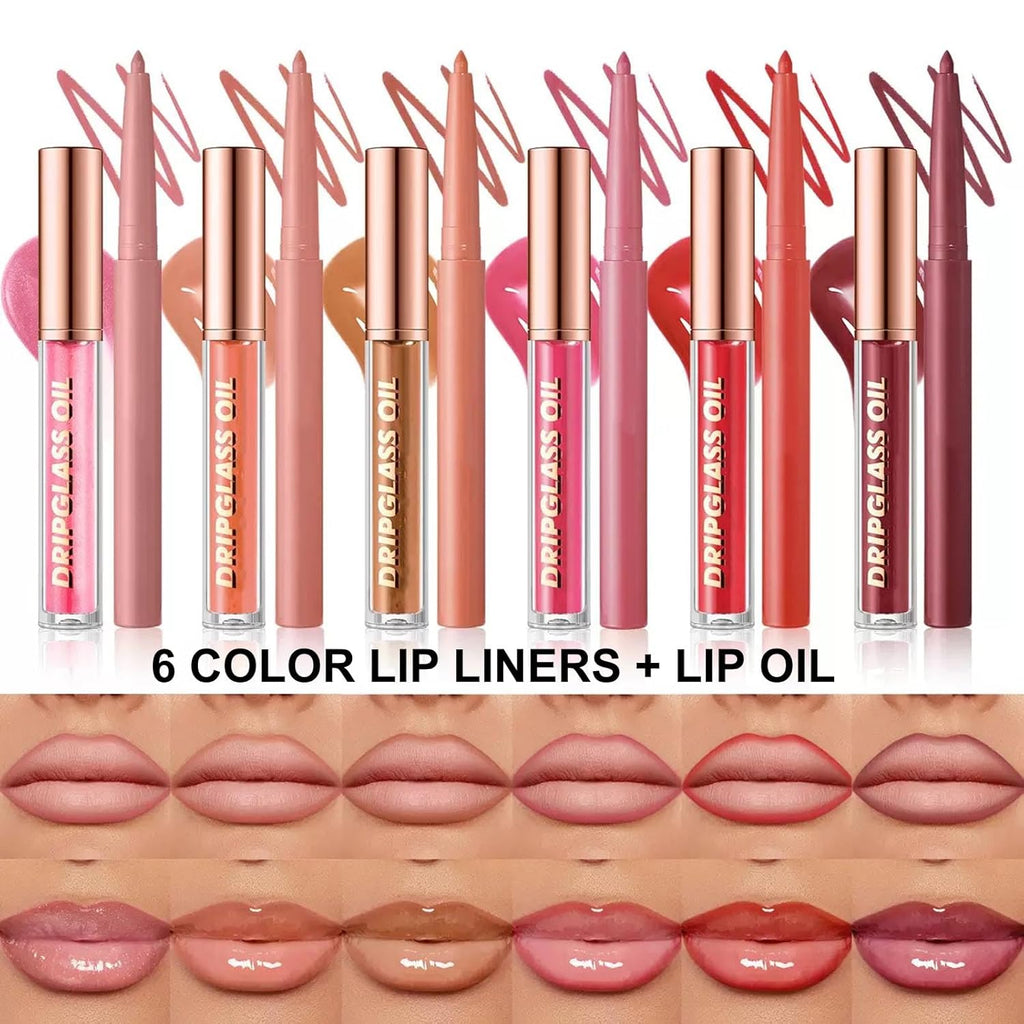 Retro Style Lip Set - Matte Lip Liner + Drip Glass Oil Lip Gloss, Long Lasting Waterproof, Easy Application for Natural or Glam Look, 2-in-1 Lip Makeup Kit for Women (01# light pink)