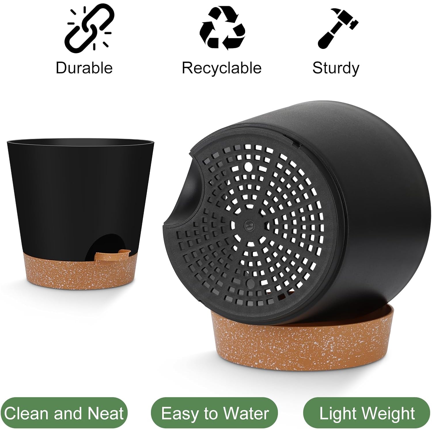 Ynnico Indoor Self Watering Planters With Drainage Holes And Saucers, 8, 7, 6.5, 6, 5.5, 5 Inches, Black, 6 Pots