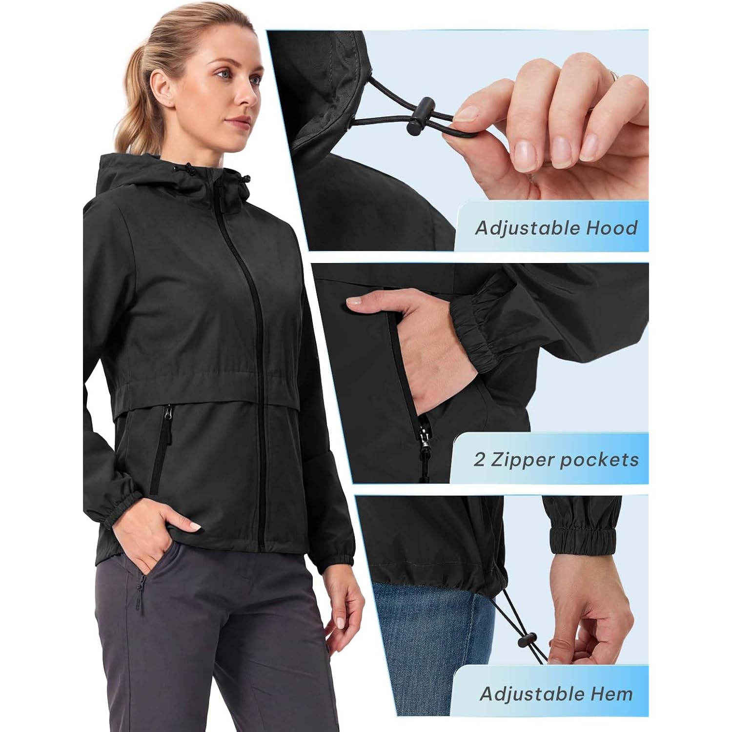 Saphirose Lightweight Rain Jacket Women Waterproof Raincoat Packable | Raincoat, Rain Coat, Windbreaker, Zip Pockets, Drawstring Hem, Hiking, Camping, Travel, Ultra-Portable