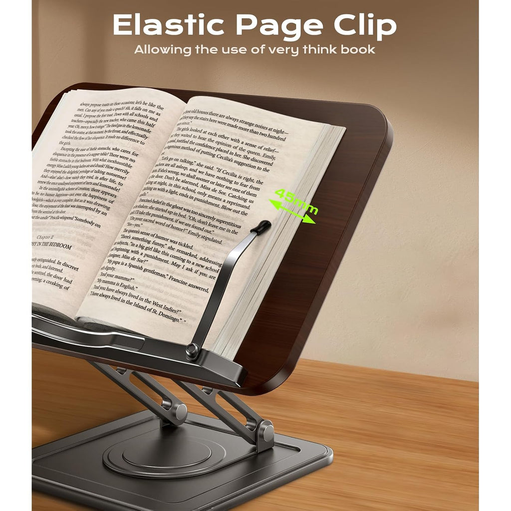 Book Stand For Reading, Adjustable Book Holder With 360°Rotating Bases, Ergonomic Cookbook Stand Recipe Book Holder With Elastic Page Clips For Magazines, Tablets, Laptops,Black