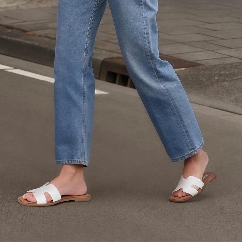 Fitory Women'S Slide Sandals, Flat Fashion Square Open Toe With Cushion Slippers For Summer Beach