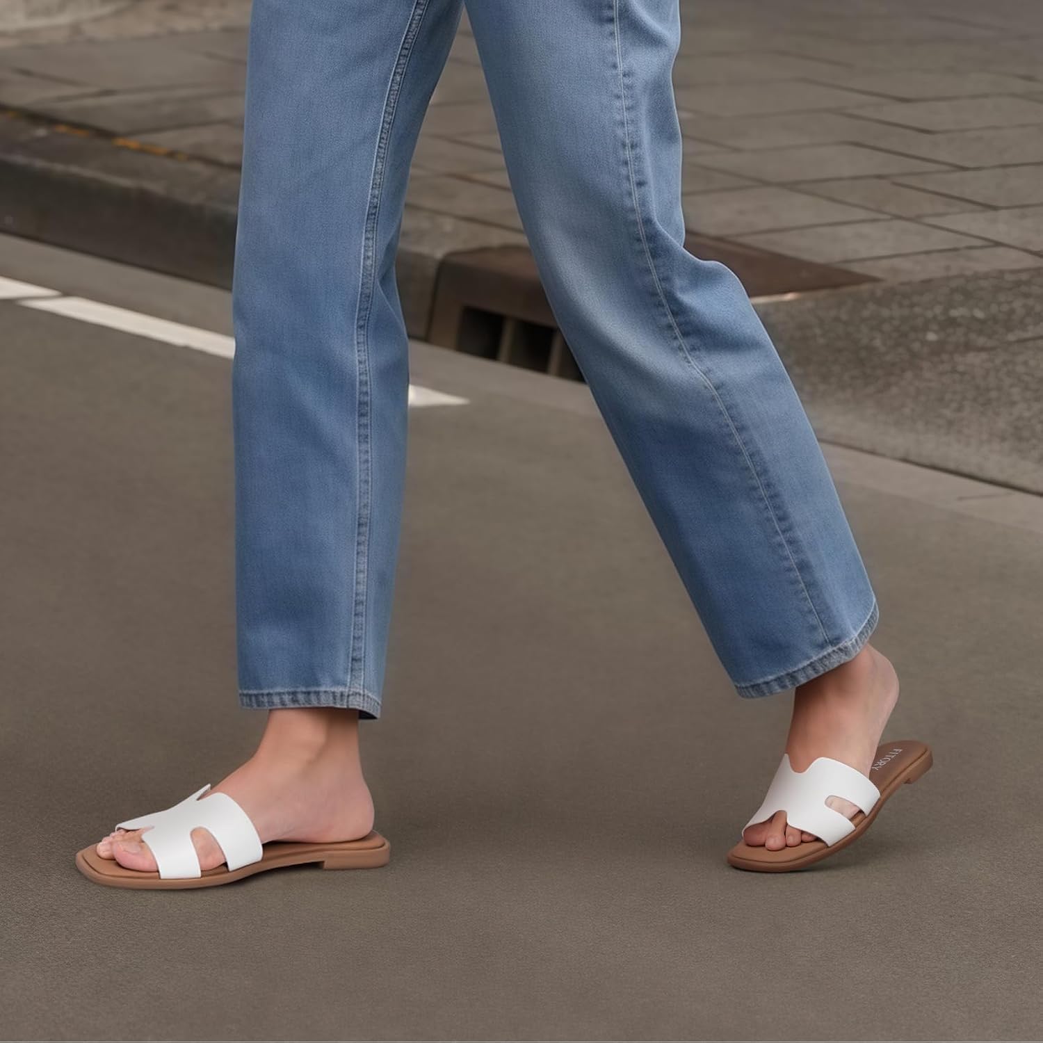 Fitory Women'S Slide Sandals, Flat Fashion Square Open Toe With Cushion Slippers For Summer Beach