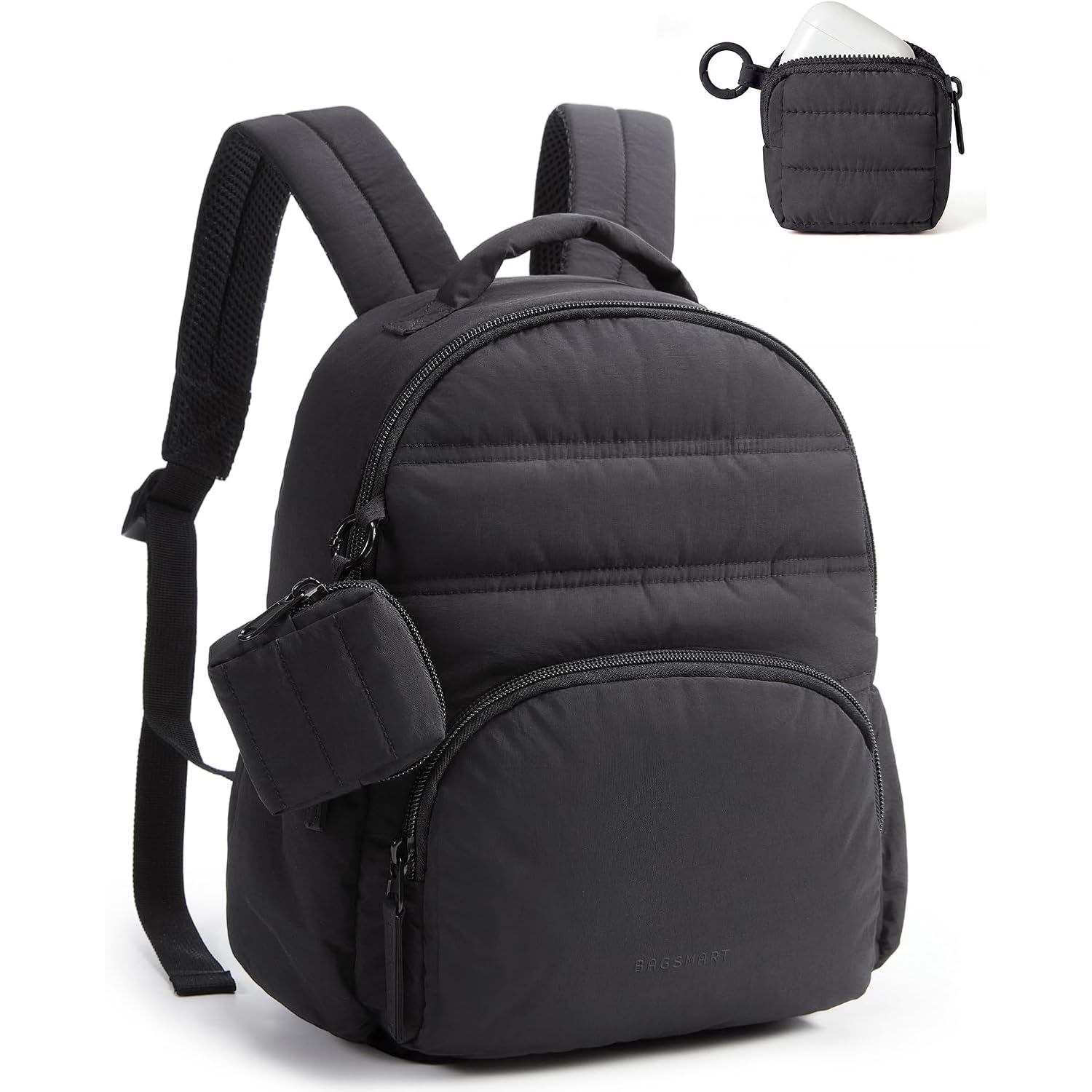 Bagsmart Small Backpacks For Women, Lightweight Puffer Mini Backpack Purse With Pouch, Quilted Casual Daypack, Water-Resistant Bookbag For Daily Travel College, 2-In-1 Set, Black