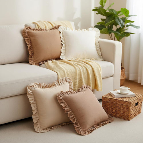 8 Packs Neutral Color Ruffle Pillow Covers with Inserts 18 x 18 Inches Soft Cotton Ruffle Pillowcase Rustic Boho Farmhouse Modern Home Decor for Bed Sofa Living Room Couch