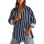 Siliteelon Button Down Shirts For Women Striped Long Sleeve Oversized Boyfriend Blouses Collared Work Drop Shoulder Tops