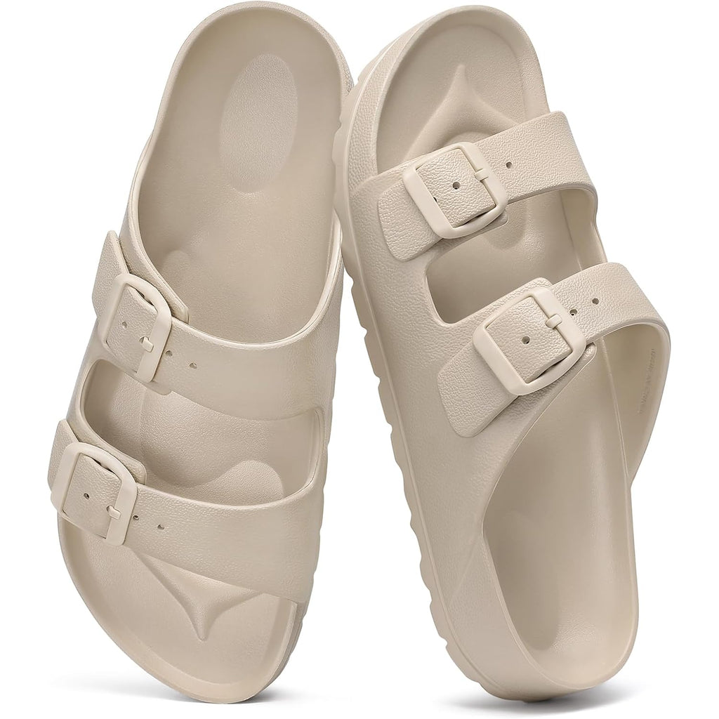 Shevalues Women'S Comfort Sandals With Medium Arch Support Double Buckle Adjustable Eva Slides For Summer Beach