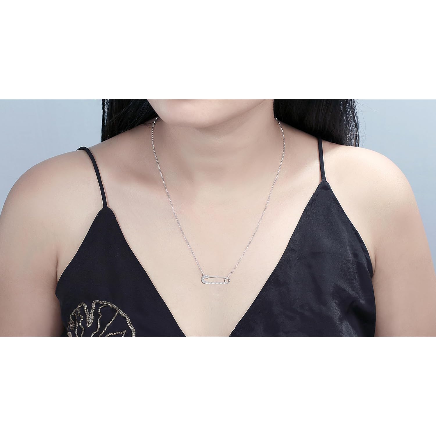 Dazzlingrock Collection Round Natural Diamond or Gemstone Horizontal Safety Pin Pendant for Women with 18 Inch Silver Chain, in Real Solid Gold & 925 Sterling Silver