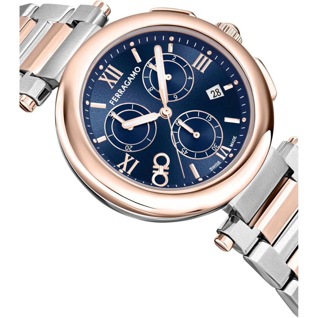 Ferragamo Legacy Collection Luxury Womens Watch Timepiece With A Two Tone Bracelet Featuring A Two Tone Case And Blue Dial