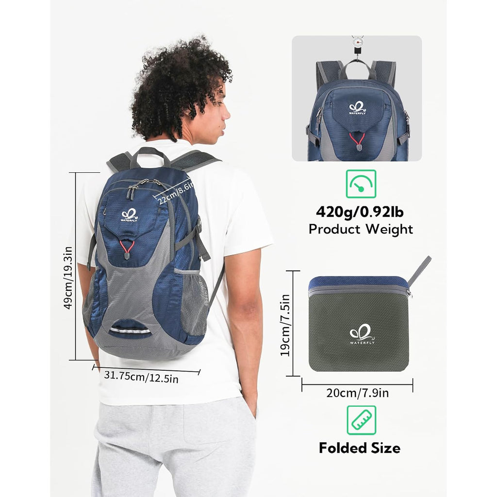 Waterfly Lightweight Packable Hiking Backpack, 30L Day Pack Blue | Water Resistant Foldable Travel Daypack With Multiple Pockets, Wet Pocket, Ultralight Day Pack For Woman Man, Everyday Carry