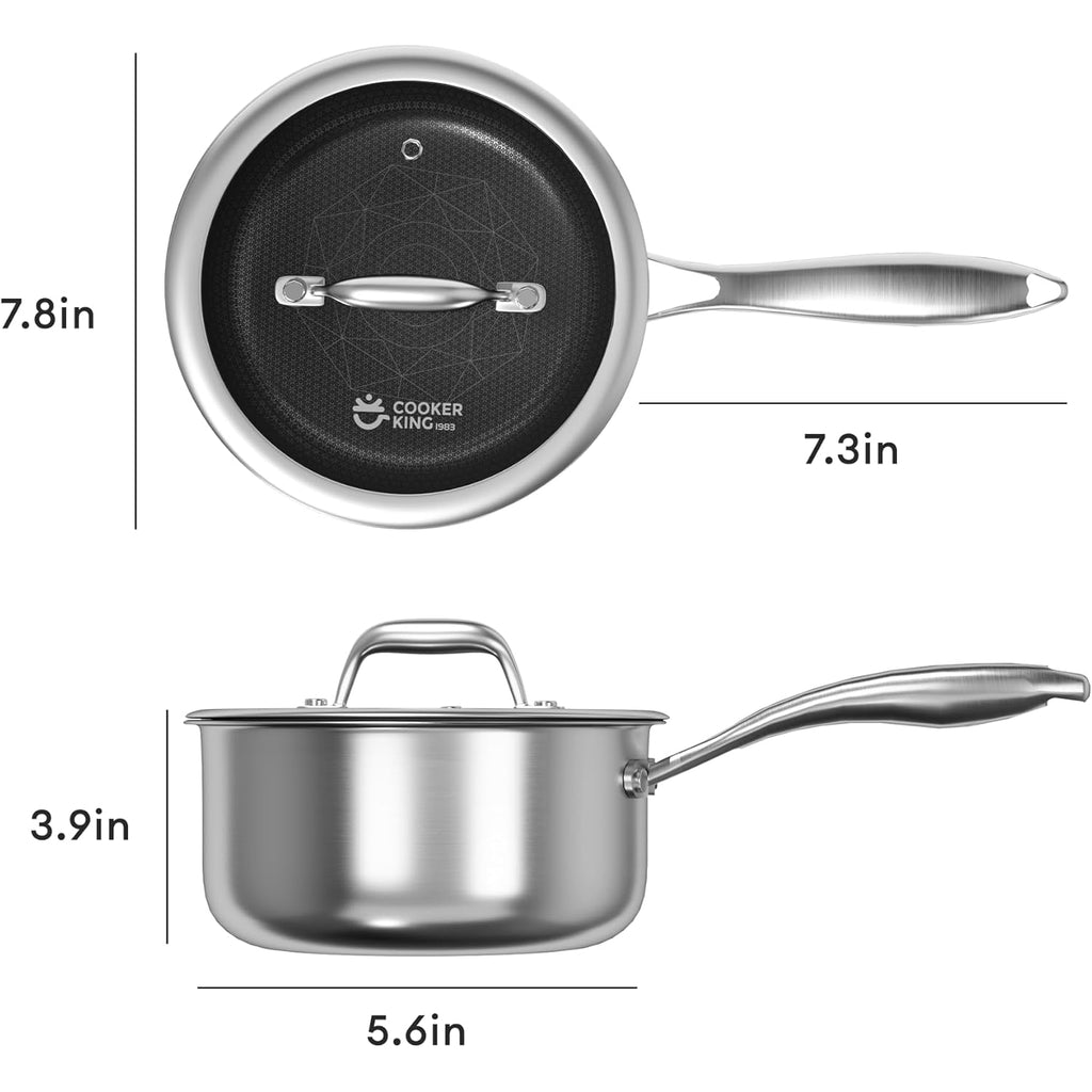COOKER KING 2 Quart Stainless Steel Saucepan, Nonstick Sauce Pan, Ceramic Suce Pot with Tempered Glass Lid, Induction Pot Compatible with All Cooktops, Dishwasher & Oven Safe(PFAS/PFOA/PTFE Free)