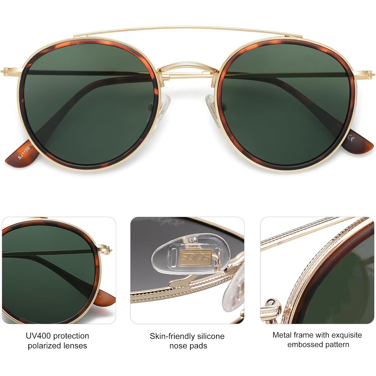 Sojos Retro Vintage Round Polarized Sunglasses For Women Men Double Bridge Circle Sunnies Sj1104