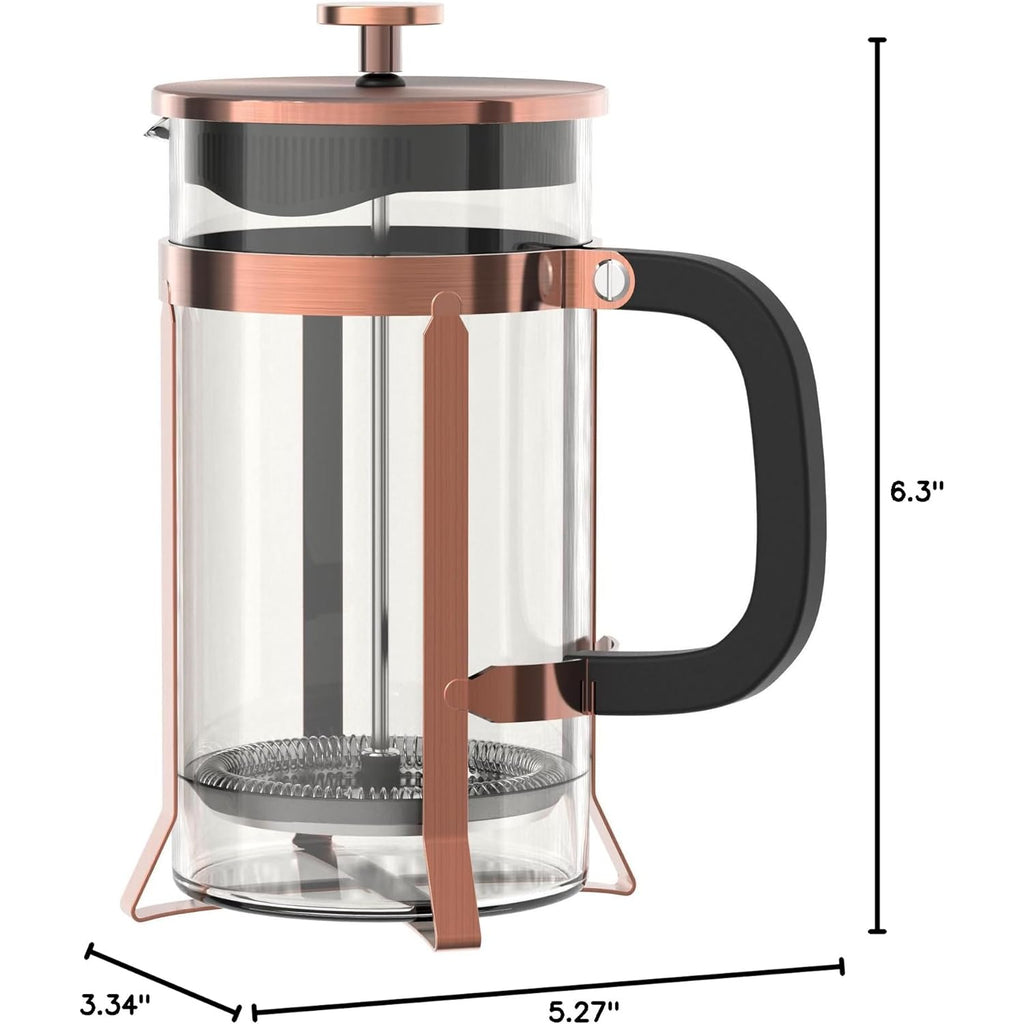 QUQIYSO Coffee Maker 304 Stainless Steel French Press with 4 Filter, Heat Resistant Durable, Easy to Clean, Borosilicate Glass Coffee Press, 100% BPA Free Teapot, 21 ounce, copper