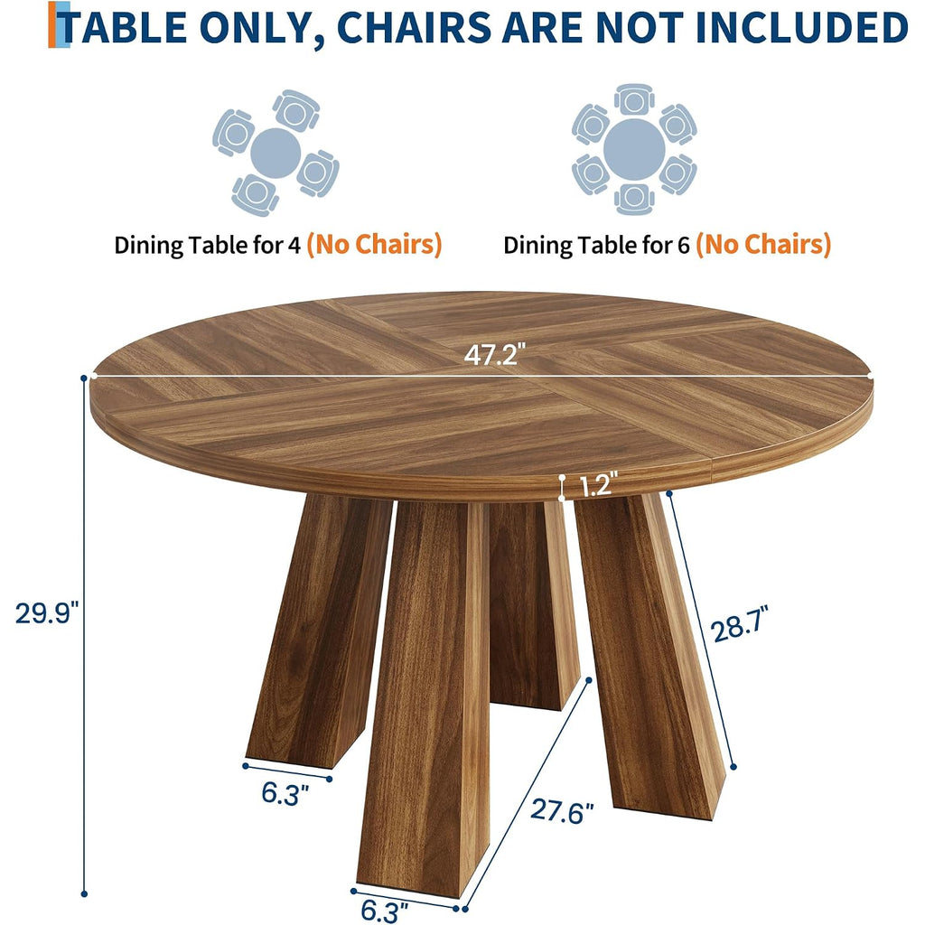 Idealhouse 47" Round Dining Table For 4-6, Farmhouse Wood Kitchen Table | Accent Furniture With Wooden Tabletop & 4 Sturdy Legs, Circle Dinner Table For Dining Room, Living Room, Walnut