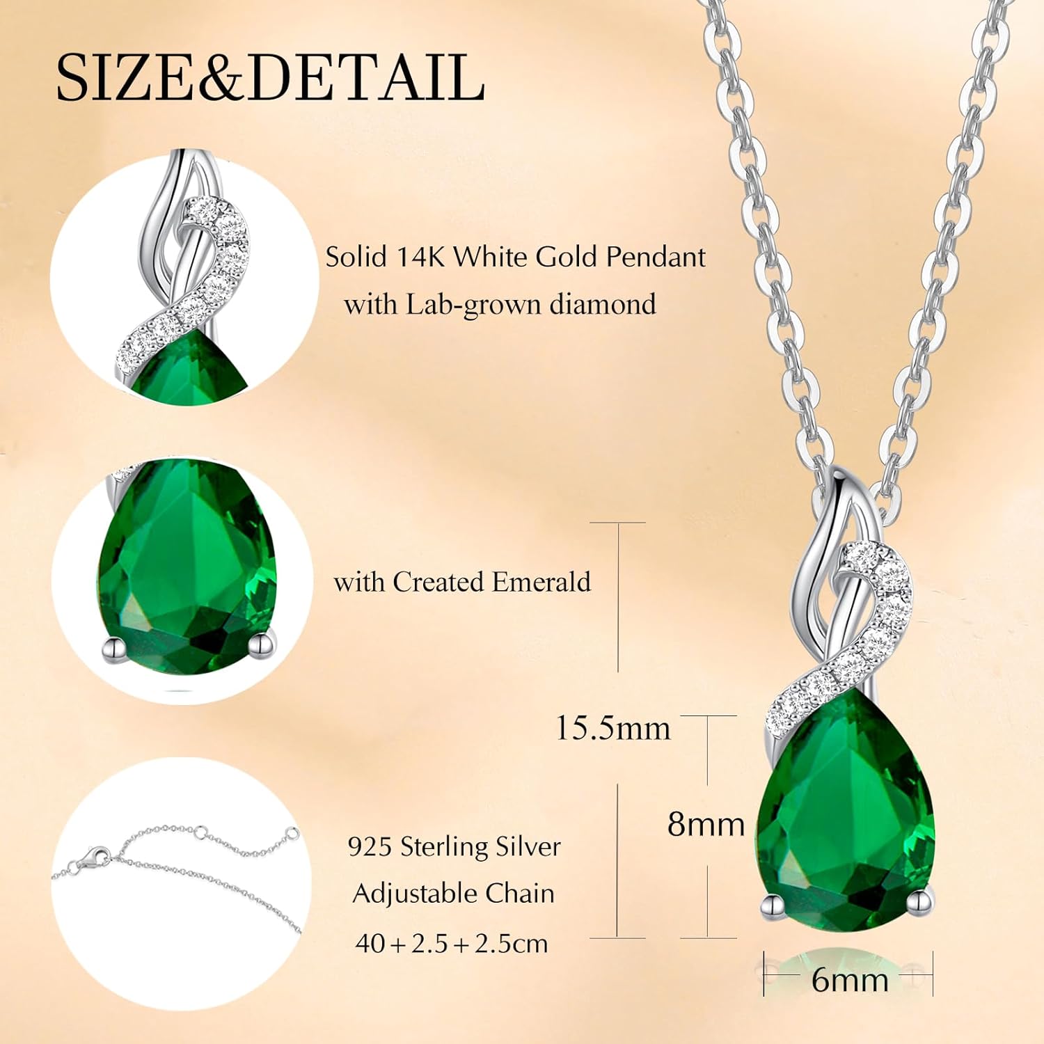 FANCIME 14K Solid White Gold Teardrop Pendant with Diamond Birthstone Necklace