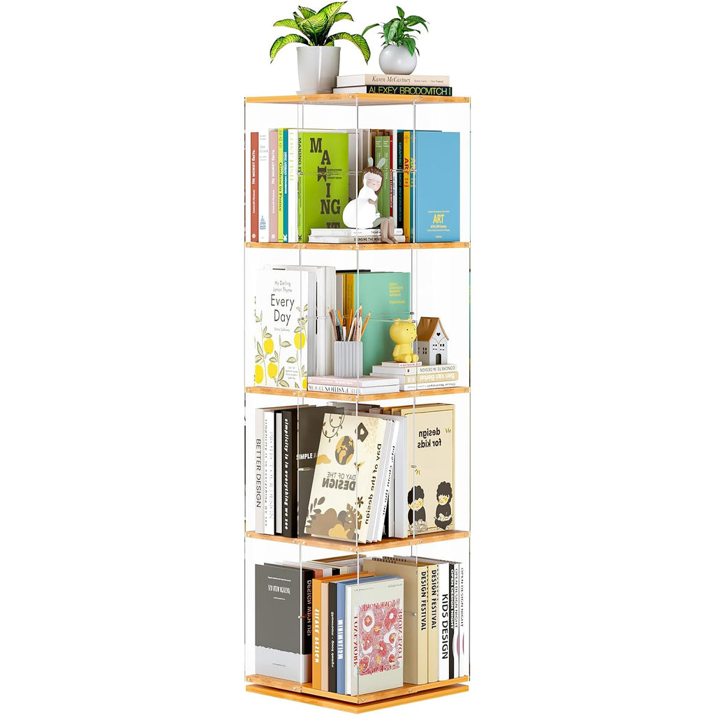 Rotating Bookshelf, 360 Degree Revolving Bookcase, 4-Tier Spinning Bookshelf, Clear Acrylic & Solid Wood Rotating Bookcase For Kid’S Playroom, Bedroom And Living Room, Square