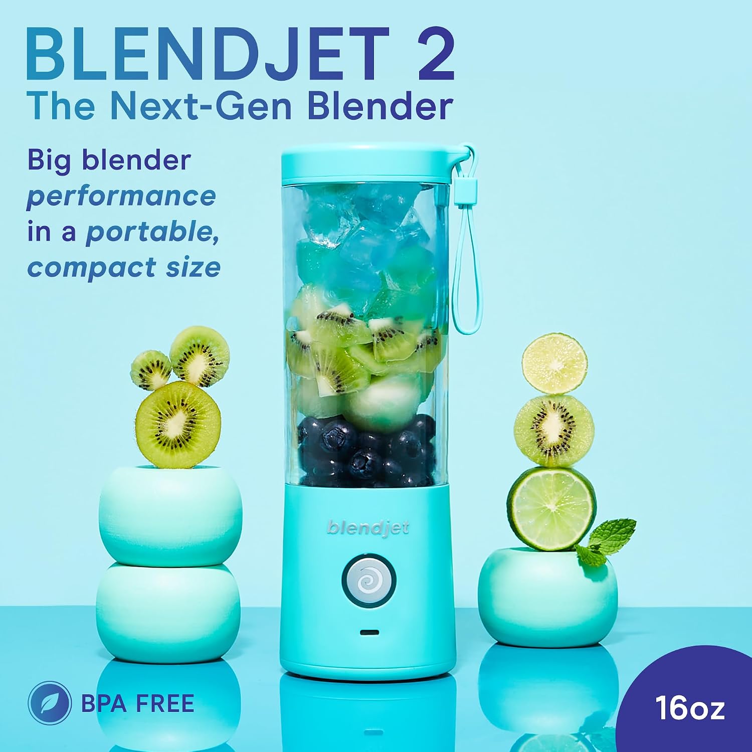 Blendjet 2 Portable Blender For Smoothies & Shakes - Blendjet Cordless Personal & Small Blender, Usb-C Rechargeable & Self Cleaning - (Mint, 16 Oz.)