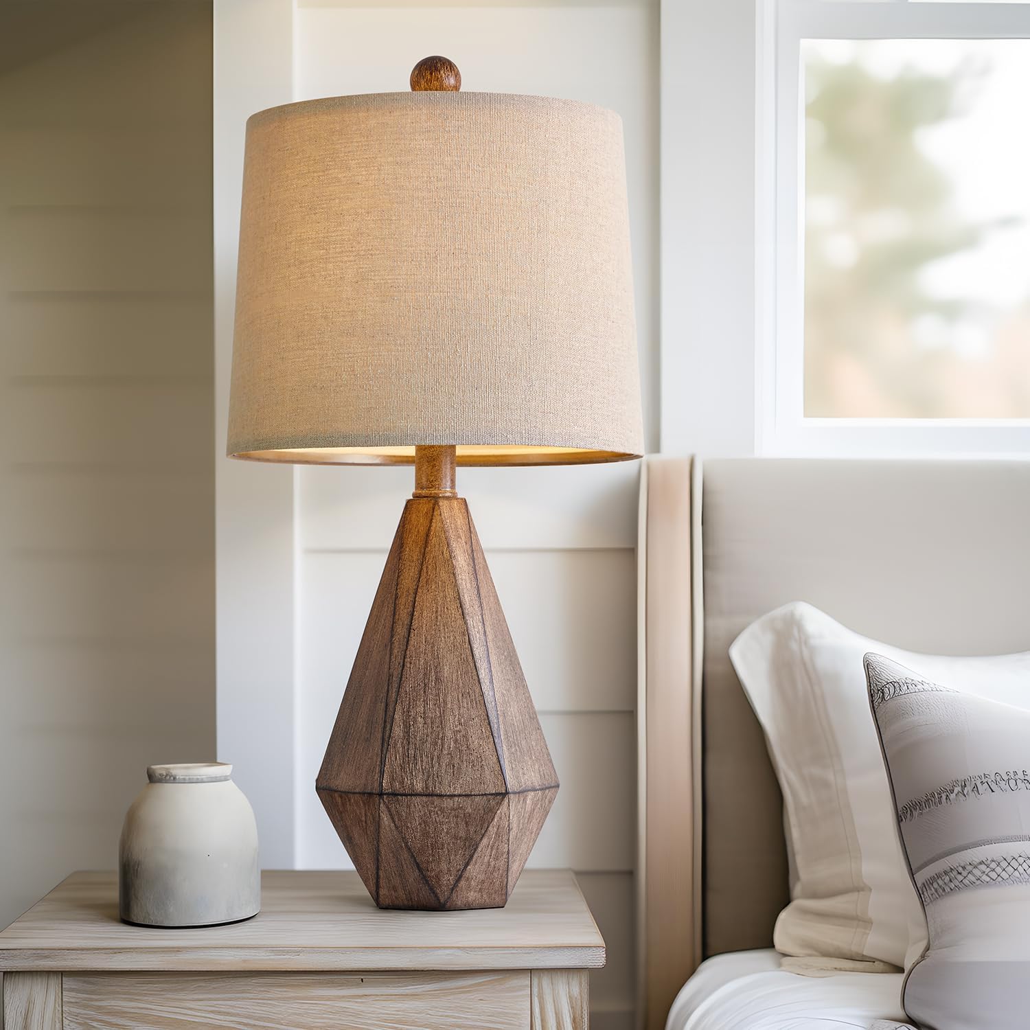 Pokat 20.25" Retro Farmhouse Table Lamp Set Of 2, Small For Bedside, Brown | Rustic Bedroom Lamps For Nightstand, Natural Resin, Compact Design, Rustic Home Decor For End Table And Hallway