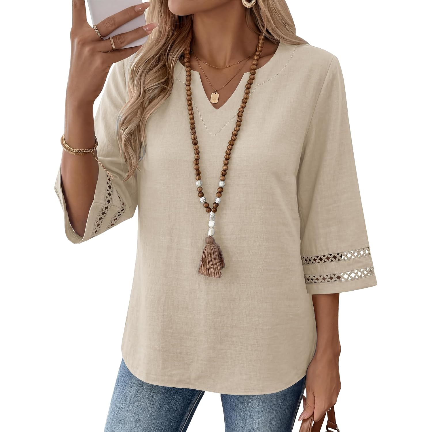 Lomon Womens 3/4 Sleeve V Neck Bohemian Blouses Casual Loose Fit Tunic Tops Vacation Clothes