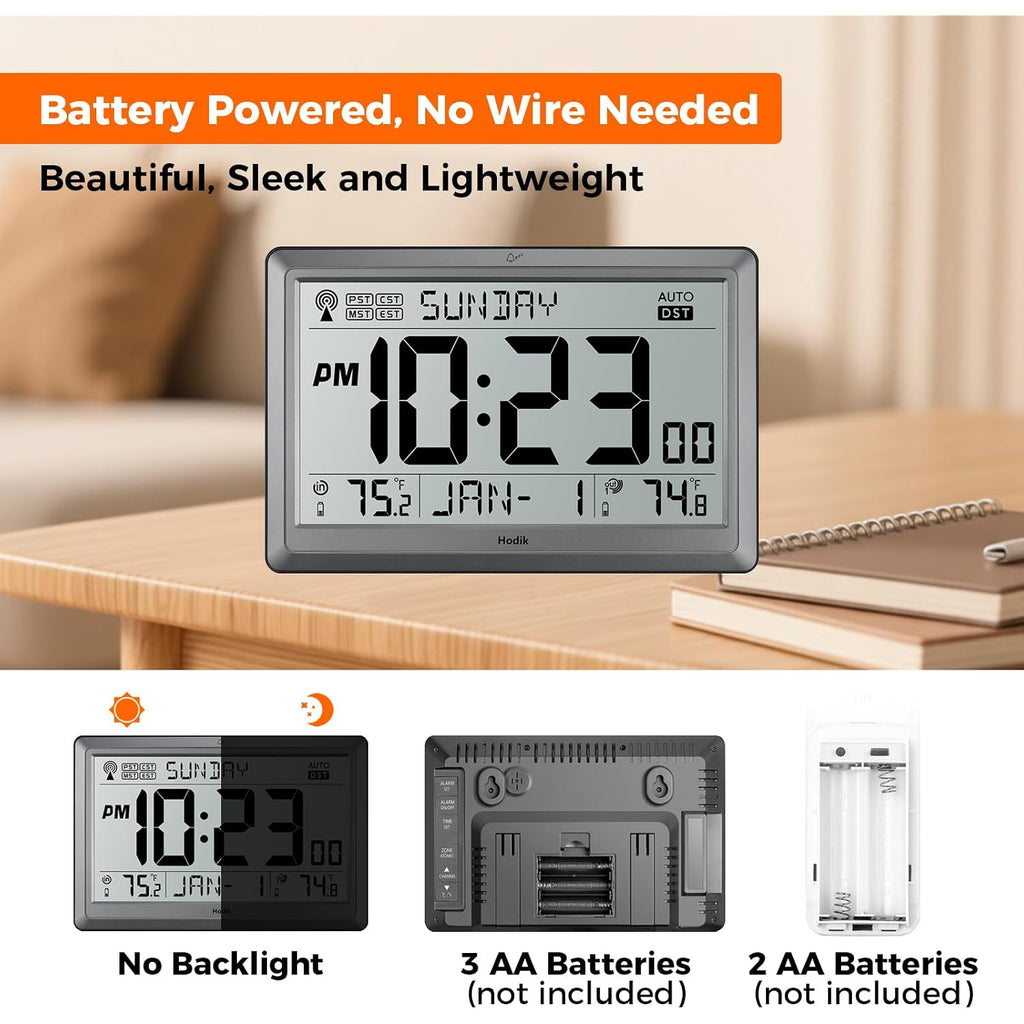 Atomic Wall Clock With Indoor Outdoor Temperature, 10.5 Inch Digital Wall Clock Battery Operated, Dst, 12/24 Hour For Living Room Bedroom (Silver)
