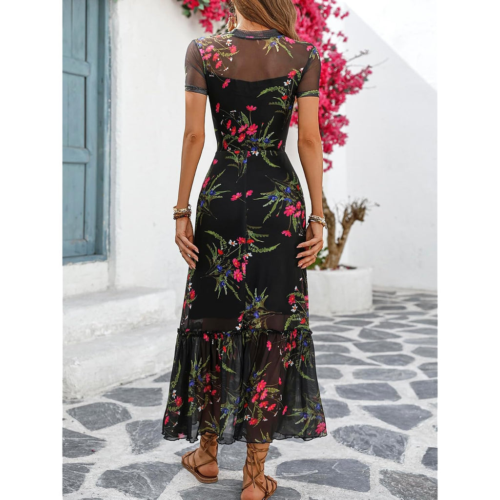 Gothdark Women'S Summer Floral Mesh Ruffle Dress Short Sleeve Round Neck Waist Cinched Casual Maxi Wedding Guest Dresses