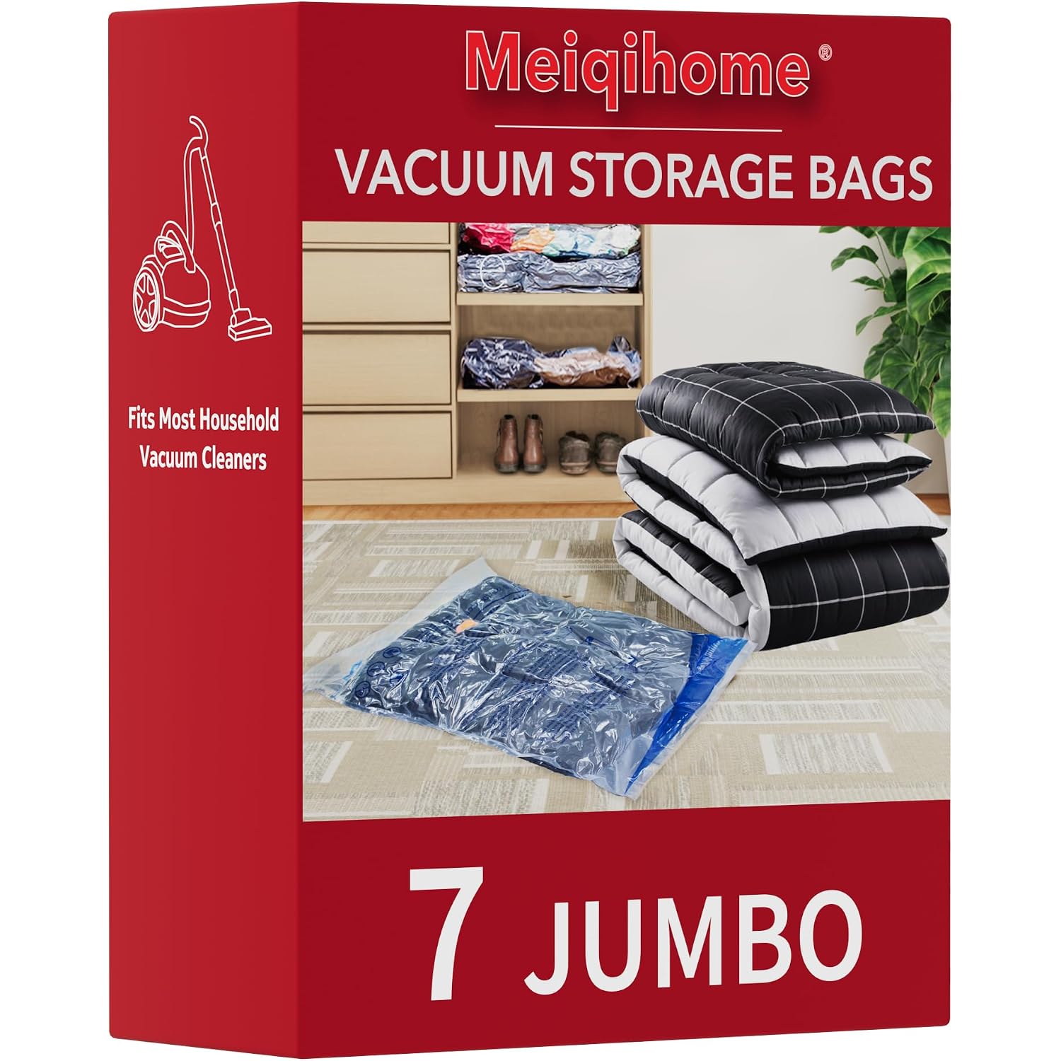 Meiqihome Vacuum Storage Bags, Space Saver Sealer Bags,Vacuum Seal Bags For Clothing, Pillows, Comforters, Blankets, Bedding,Travel,7 Jumbo