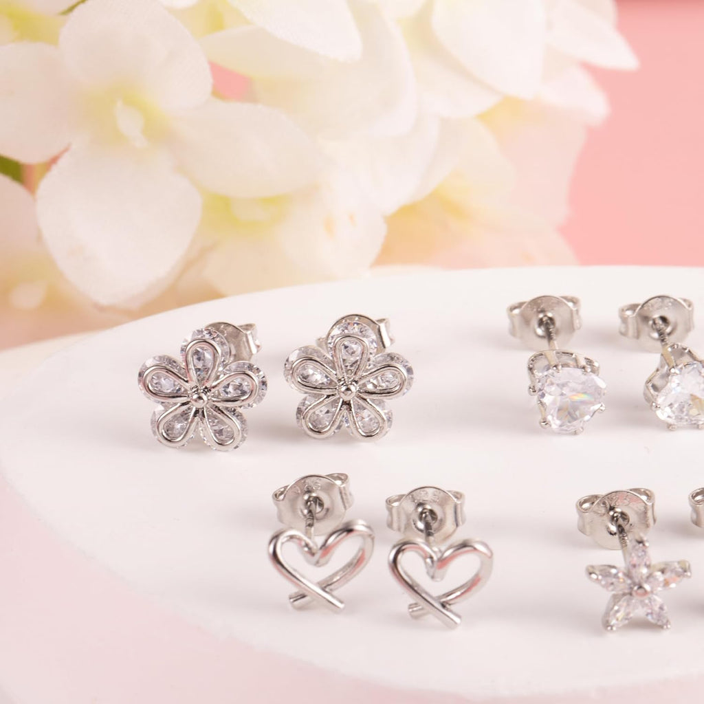 ALEXCRAFT Small Gold Stud Earrings - 6 Pairs Cute Heart Studs for Women - Cubic Zirconia - Hypoallergenic - Pack
