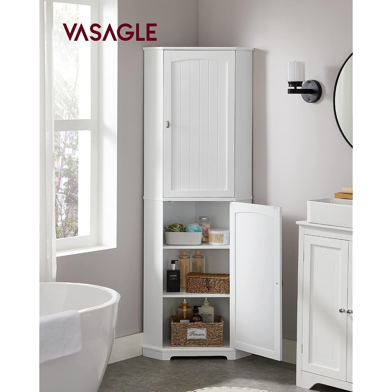 Vasagle Corner Cabinet, Tall Corner Storage Cabinet With 2 Doors And 4 Adjustable Shelves, For Bathroom Kitchen Living Room, Modern Farmhouse Design, White Ubbc541P31