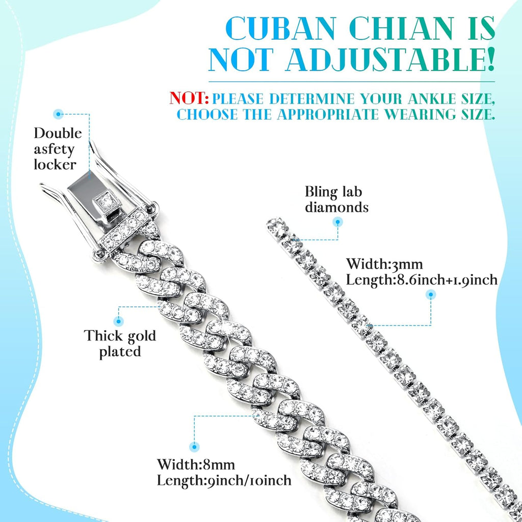 Sureio 3 Pcs Anklets Bracelet for Women Adjustable Diamond Tennis Cuban Style Link Anklets for Women Wedding Fashion Gifts