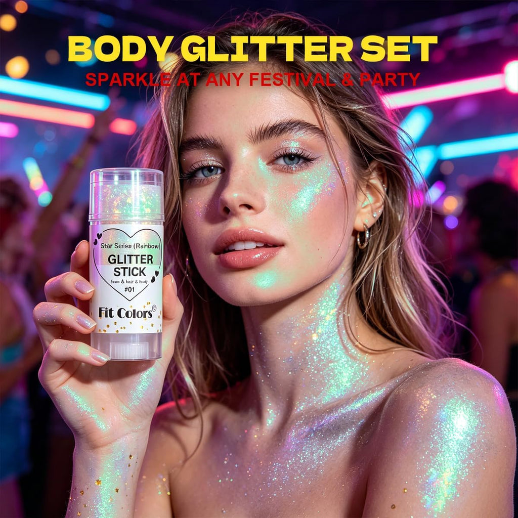 Sam Sugar Body Glitter Stick And Face Glitter Gel, Gel Nail Strips Chunky Glitter For Face, Body, Nails, No Lamp Needed, Long Lasting Sparkle Makeup For Party Festival(Rainbow 01#)