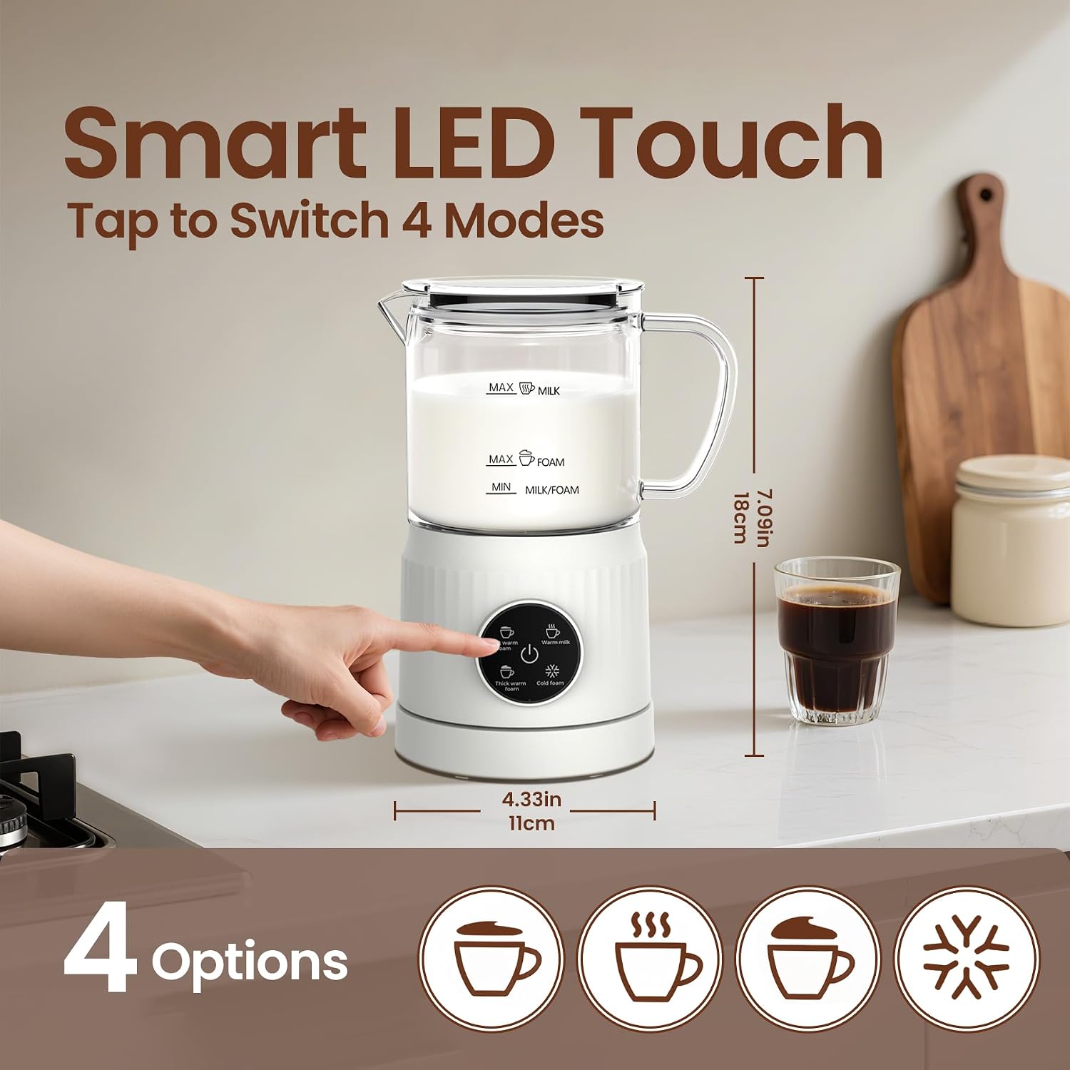4-In-1 Electric Milk Frother And Steamer For Whole Milk, Led Touch Screen, Cold And Warm Foam Maker, Ceramic-Coated, 13.52Oz For Lattes, Cappuccinos And Hot Chocolate, Auto Shut-Off, Cream White