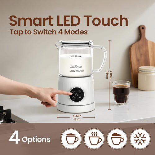 4-In-1 Electric Milk Frother And Steamer For Whole Milk, Led Touch Screen, Cold And Warm Foam Maker, Ceramic-Coated, 13.52Oz For Lattes, Cappuccinos And Hot Chocolate, Auto Shut-Off, Cream White