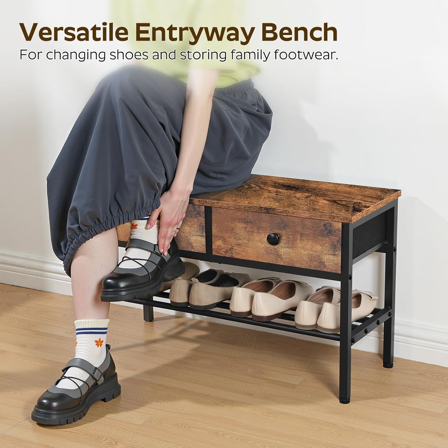 YATINEY Hall Tree with Bench and Shoe Storage, Entryway Bench with Coat Rack, 4-in-1 Coat Rack Shoe Bench, Multifunctional, for Front Door, Hallway, Foyer, Rustic Brown and Black MT05BR