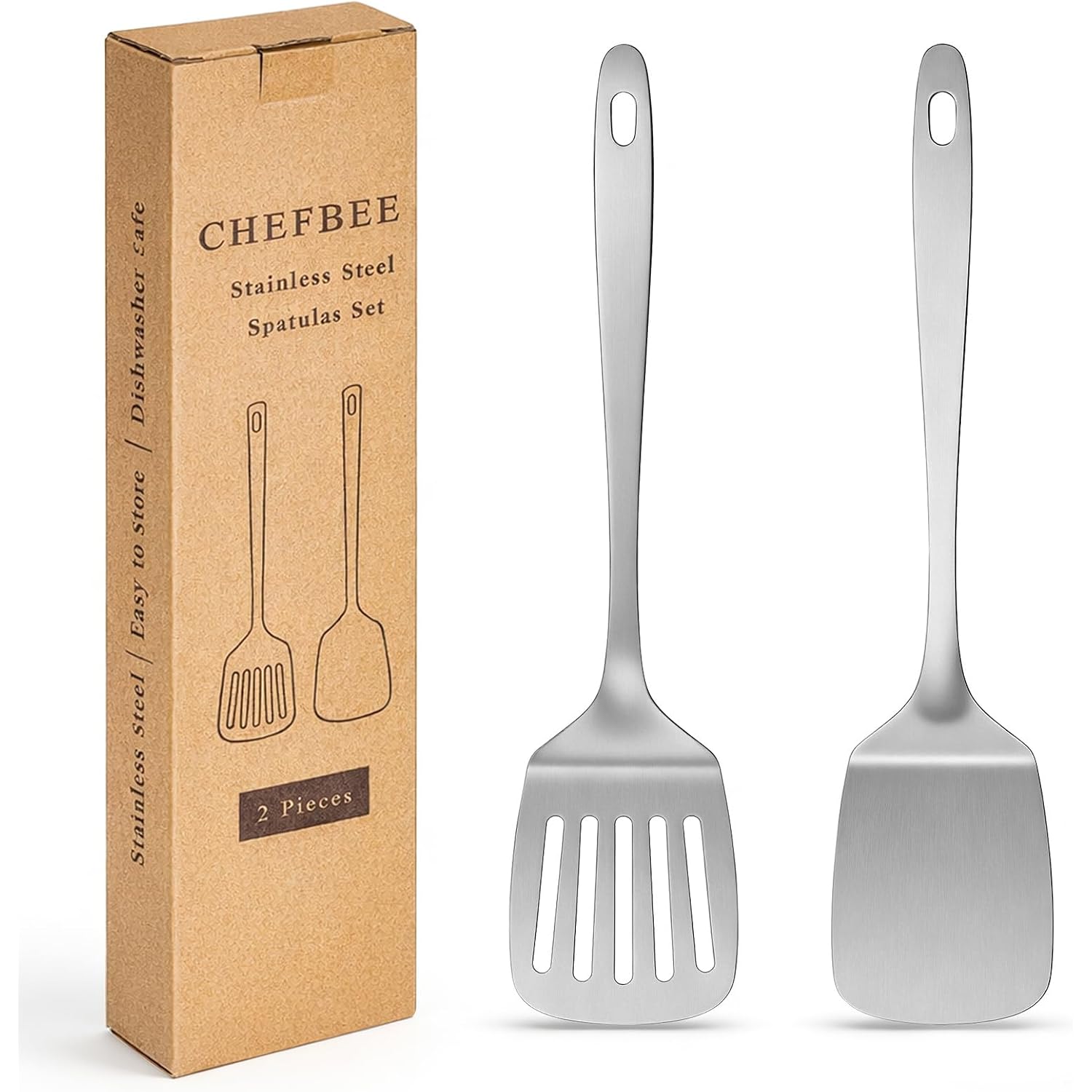 2Pcs Metal Spatula Set - Stainless Steel Spatula Solid & Slotted Turner Flipper For Kitchen Use, Heat Resistant Kitchen Cooking Utensils For Flipping Fish, Eggs, Pancakes, Dishwasher Safe