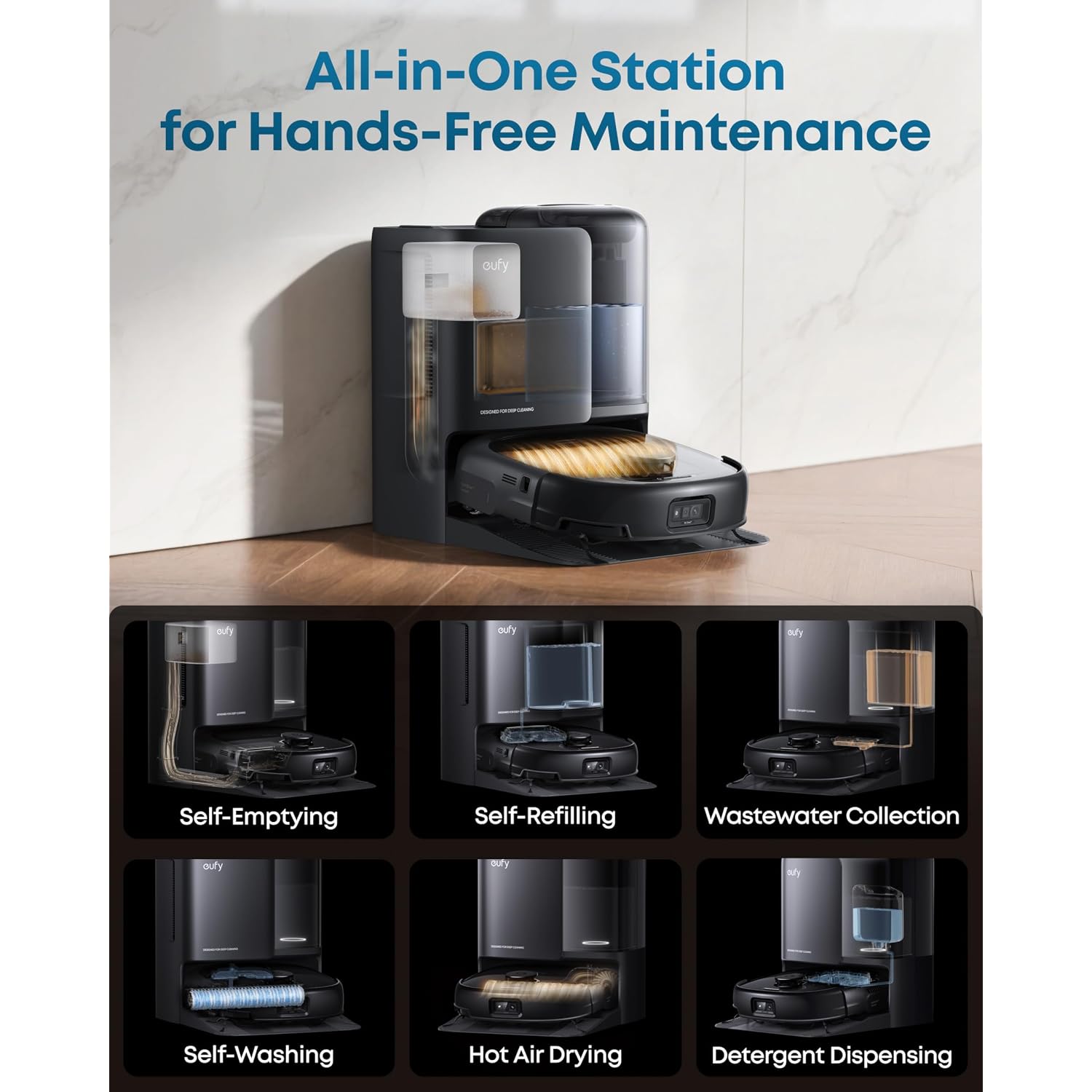 Eufy E25 Robot Vacuum And Mop Combo, 20,000 Pa, Hydrojet Roller Mop | Extendable Side Brush, Zero-Tangle Design, All-In-One Station, Ai Obstacle Avoidance, Edge-To-Corner Cleaning