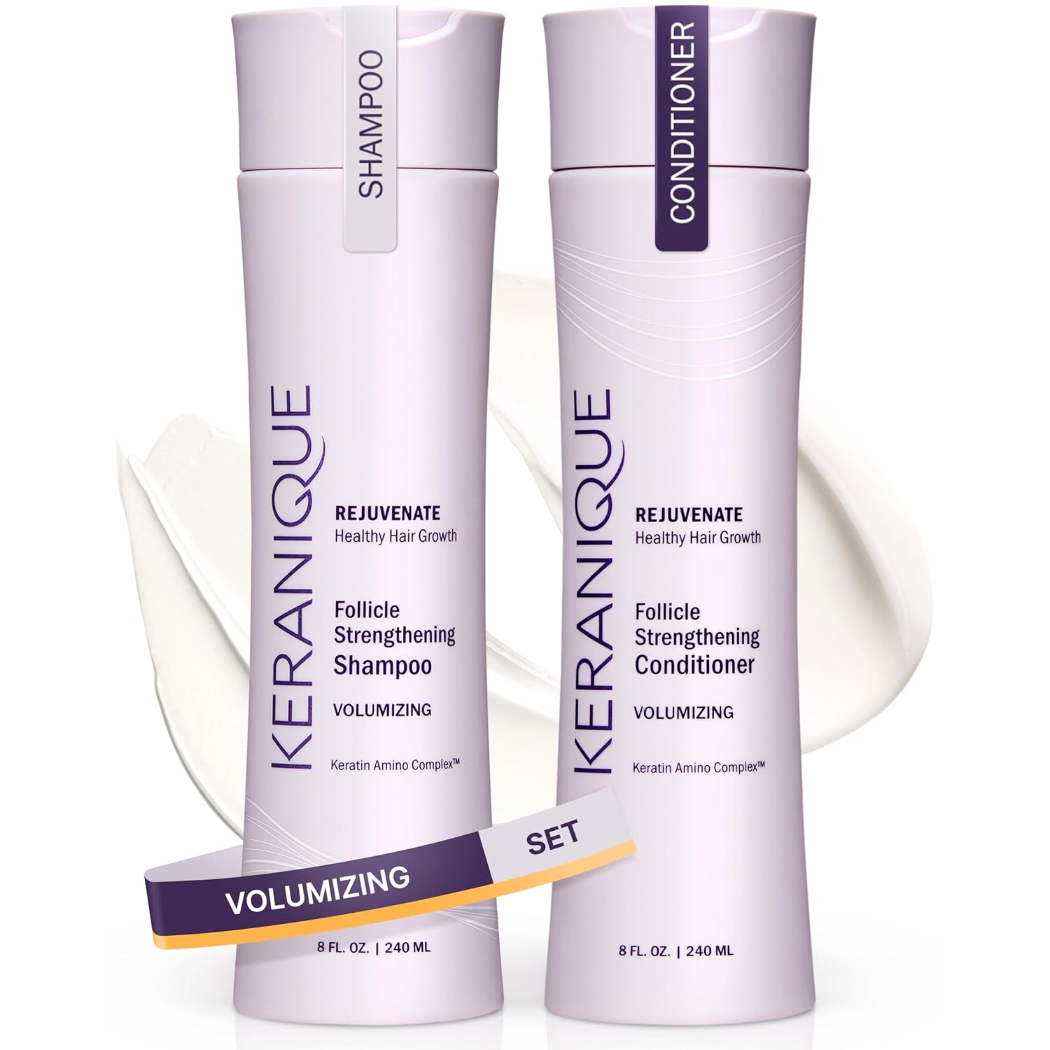 Keranique Volumizing Shampoo & Conditioner Set For Hair Repair, Growth & Thinning Hair Support – Keratin, Biotin, Menthol & Niacinamide, Lightweight Strengthening Formula - Keratin Amino Complex™