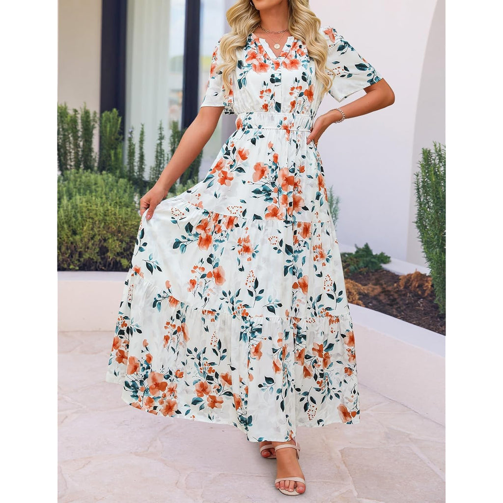 Zesica Women'S 2026 Summer Spring Floral Boho Maxi Dresses Casual Short Sleeve V Neck A Line Flowy Beach Vacation Dress