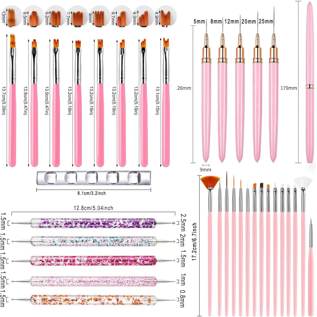 Nail Art Brushes Nail Art Tool Kit, Nail Design Tools Set with Liner Brushes, Dotting Pens, UV Gel Brushes, for DIY Nail Art, Salon and Home Use (Pink Style 37pcs)